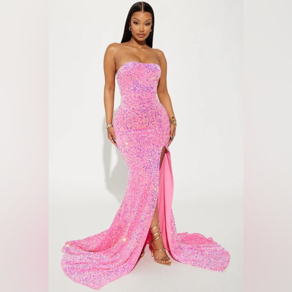 Strapless Pink Iridescent Sequin Mermaid Gown with Thigh High Slit for Prom